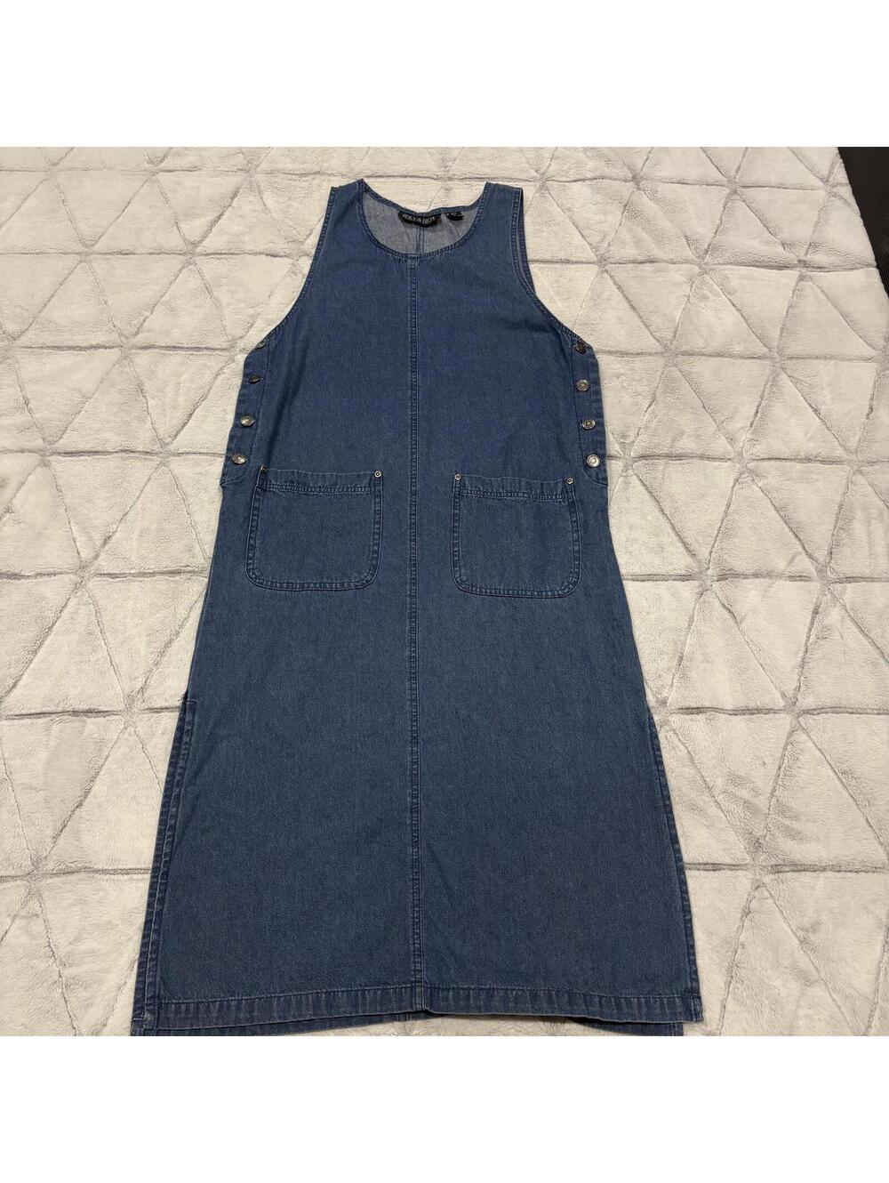 Zoey & Beth Denim Button Side Pocket Dress Women Casual Sleeveless Medium Blue